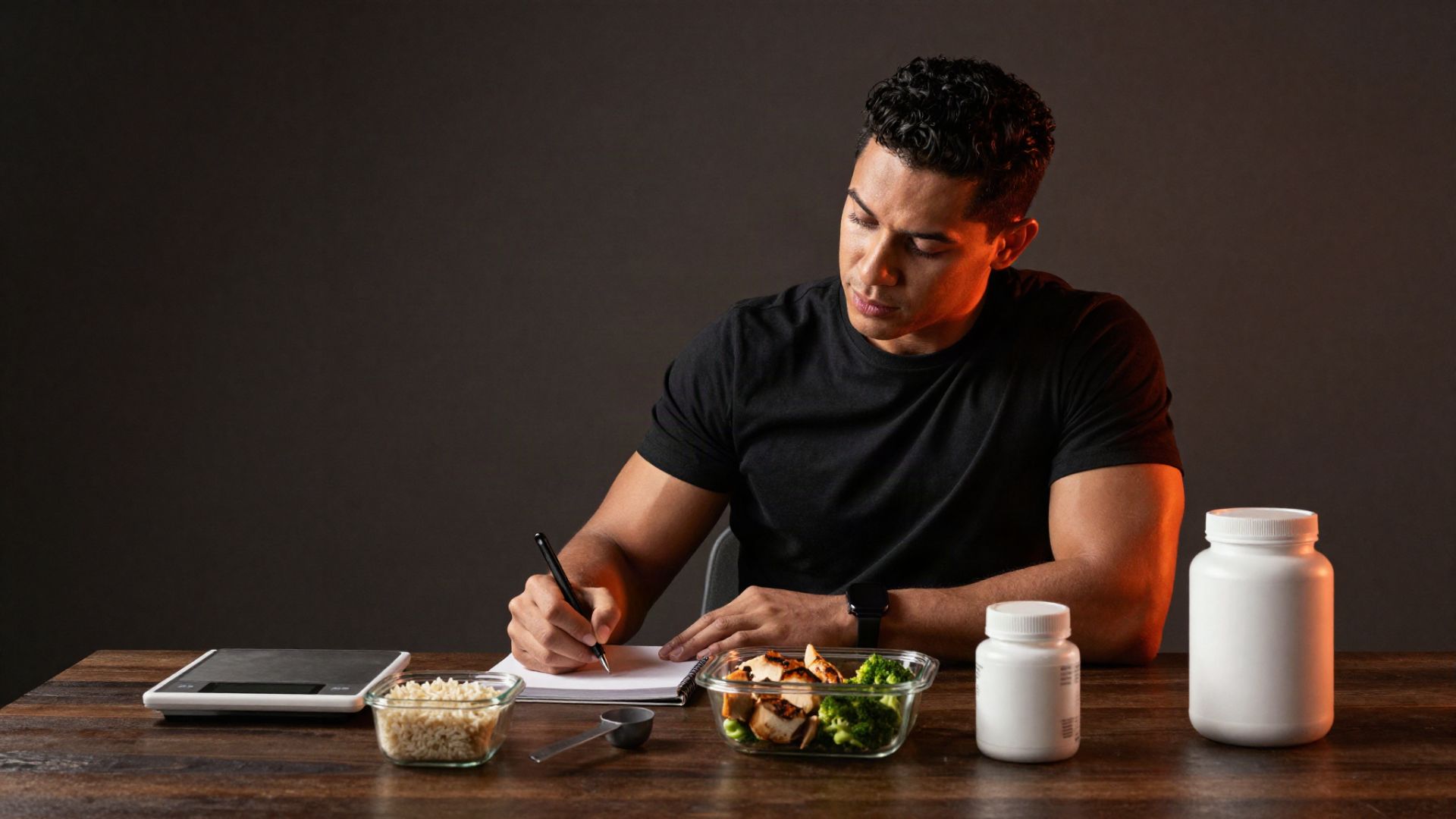 Coach de nutrición calculando un plan con báscula de alimentos y meal prep
